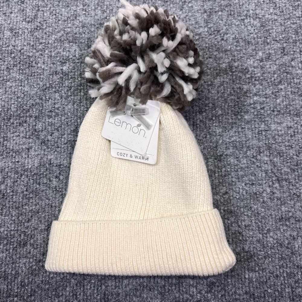 Lemon Hat Beanie Womens One Size White Pom Pom Ribbed Knit Winter Warm